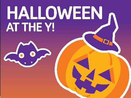 "Halloween at the Y!" with Jack O' Lantern and bat graphics