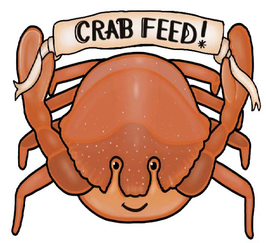 Crab holding banner saying "crab feed"