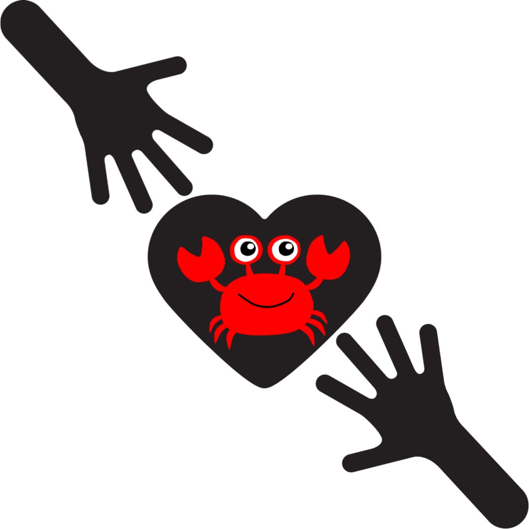 heart with a crab inside, and hands reaching for it