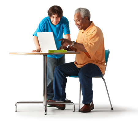 Adult and child at desk, getting a Y membership