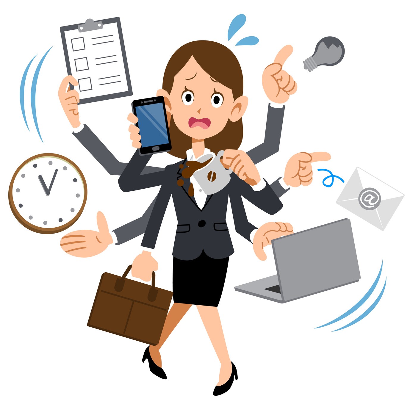 Cartoon woman struggling to keep track of many tasks